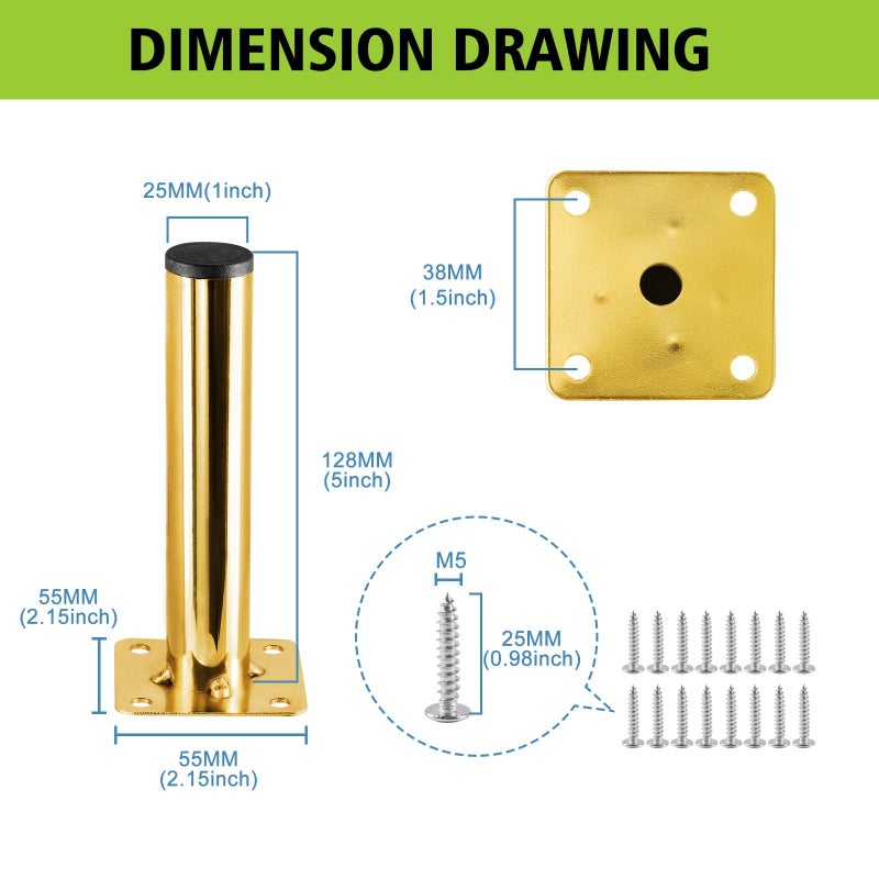 Masendelk Gold Furniture Legs 5 Inch / 130mm, 4pcs Modern Sofa Legs Cabinet Replacement Legs, Heavy Duty Metal Legs with Mounting Screw for Furniture Couch Sofa TV Cabinet Dresser Desk Risers - Image 4